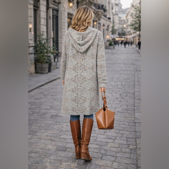 74. Multicolor Aztec grey gray Cozy duster fuzzy hood cardigan Sweater - Picture 3 of 3